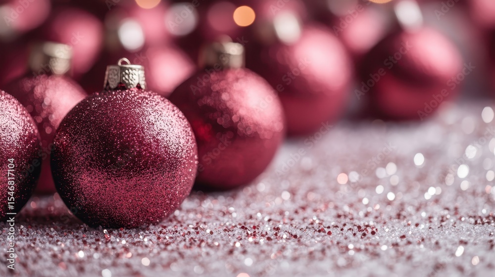 Fototapeta premium A collection of shimmering red Christmas ornaments scattered over sparkling glitter, capturing the festive spirit and warmth of the holiday season.