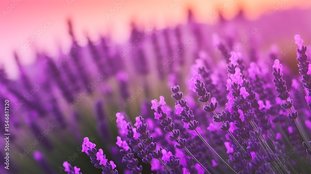 Naklejka premium Early morning fog rolls across a blooming lavender field under a sky tinted with soft pink and orange hues. A scene of serene beauty and tranquility.