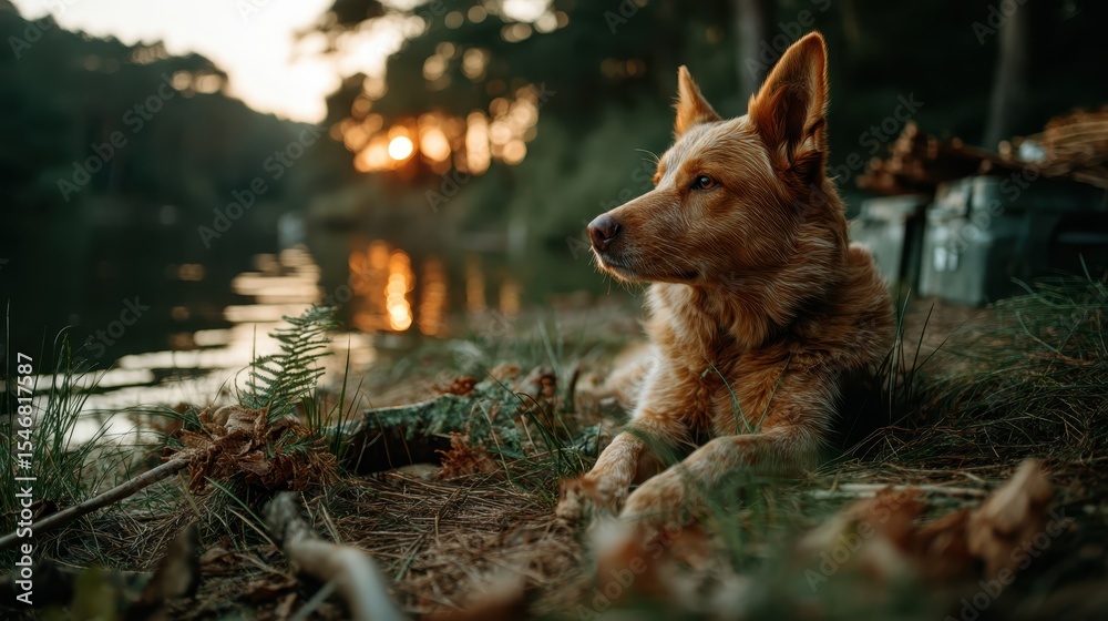 Naklejka premium A stunning image of a dog resting peacefully by the water as the sun sets, capturing the beauty of nature and the bond between pets and their environments.