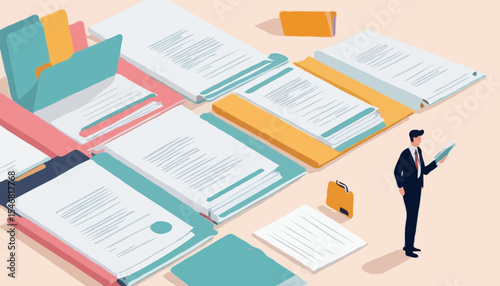 Document, content or research paper, documentation file folder storage, report or paperwork, search or file archive, office contract concept, business people working with paper document file folde