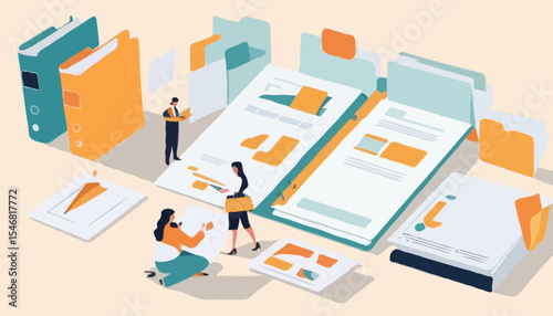 Document, content or research paper, documentation file folder storage, report or paperwork, search or file archive, office contract concept, business people working with paper document file folde