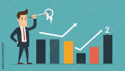 Measure success, growth or KPI, key performance indicator to compare with benchmark, growing progress, improvement or evaluation concept, businessman measure success growth graph with measuring tap