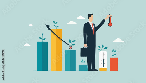 Measure success, growth or KPI, key performance indicator to compare with benchmark, growing progress, improvement or evaluation concept, businessman measure success growth graph with measuring tap
