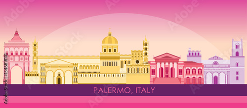 Sunset Skyline panorama of City of Palermo, Sicily, Italy - vector illustration