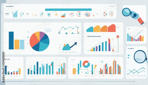 Analysis report research result, chart and diagram dashboard, financial graph statistics, analyze data, SEO or optimization concept, businessman with magnifying glass analyze research chart and grap
