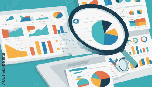 Analysis report research result, chart and diagram dashboard, financial graph statistics, analyze data, SEO or optimization concept, businessman with magnifying glass analyze research chart and grap