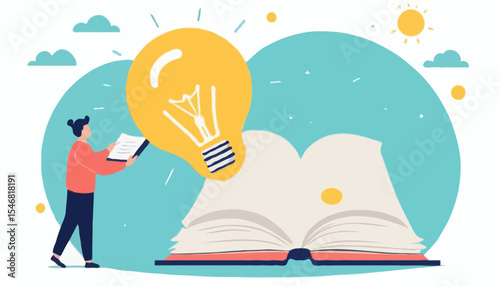 Knowledge or education, study or learning new skill, creativity or idea, reading book for inspiration, discover solution or literature, wisdom concept, hand hold open book to discover lightbulb ide