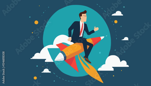 Success achievement, boost growth development to reach target, leadership to win business challenge, startup, entrepreneur or ambition to win, businessman riding fast rocket to reach success sta