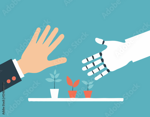 Working together with AI Artificial Intelligence, human cooperate with machine or robot, AI help or support coworker, assistance or partnership concept, businessman hand high five with robot han