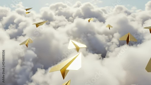 Golden Paper Airplanes Soaring Through White Fluffy Clouds Underneath a Blue Sky