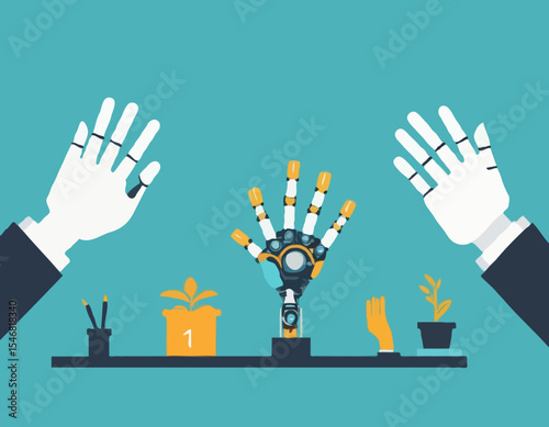 Working together with AI Artificial Intelligence, human cooperate with machine or robot, AI help or support coworker, assistance or partnership concept, businessman hand high five with robot han