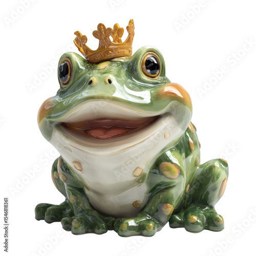 Cartoon plastic frog with crown and big smile, isolated on transparent background