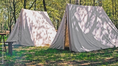Napoleonic Era Military Cotton Cloth Tent in Infantry Camp during Historical Battle ReenactmentEvent