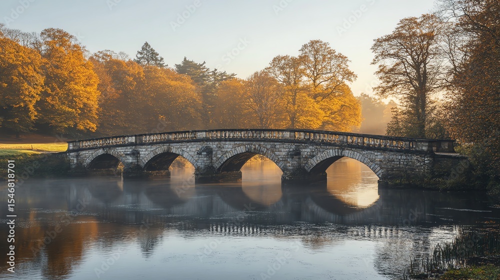 Obraz premium Stone Bridge Over Calm River Surrounded by Autumn Foliage During Sunrise