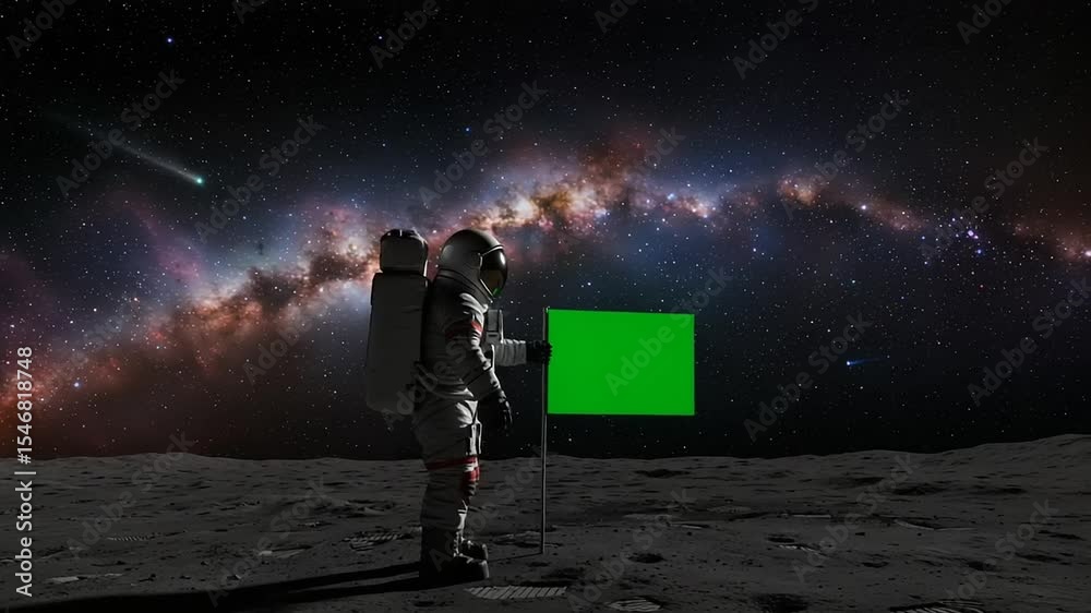 Astronaut on moon with green screen and milky way background.