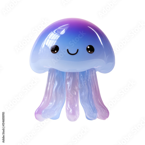 Cartoon plastic jellyfish with smile and wavy arms, isolated on transparent background
