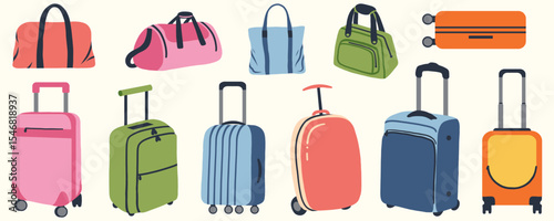 Vector set of suitcases. Luggage on wheels for traveling. Modern suitcases with handle. Backpack for traveler. Vacation bags. Flat vector illustration isolated on white background.