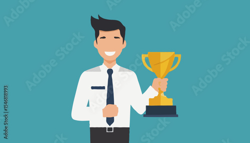 Employee of the month award winner, high performance champion, gold medal reward, success or victory recognition prize, leadership or achievement concept, success businessman holding trophy badg