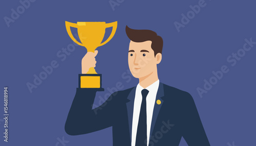 Employee of the month award winner, high performance champion, gold medal reward, success or victory recognition prize, leadership or achievement concept, success businessman holding trophy badg