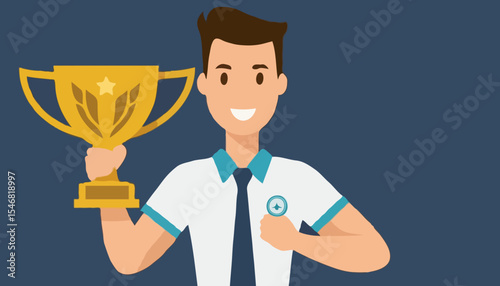 Employee of the month award winner, high performance champion, gold medal reward, success or victory recognition prize, leadership or achievement concept, success businessman holding trophy badg