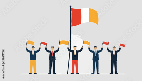 Leadership team leader to lead team to success, company ceo win business competition together, management or professional to reach goal or achievement, businessman leader hold winning flag with tea
