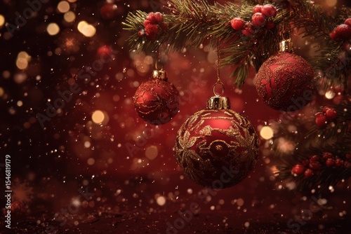 Red Christmas Ornaments Hanging on Pine Branches with Glittering Background and Festive Berries, Concept of Holiday Decor and Seasonal Celebrations