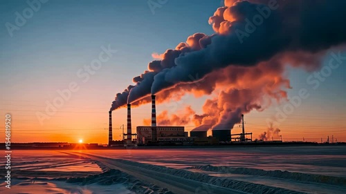 Power plant with smoking chimneys at sunset, casting dark plumes against a vibrant sky over a snowy landscape