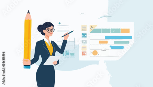 Project management or development plan, strategy or process to develop product, schedule or manage resource to achieve goal concept, businesswoman holding pencil with project management element