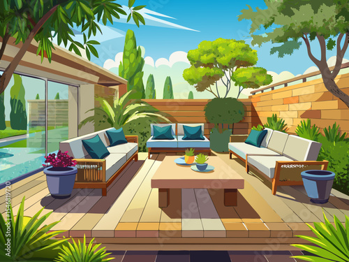 vector of The terrace overlooks the small garden and light sofas and a wooden table are placed in the middle...