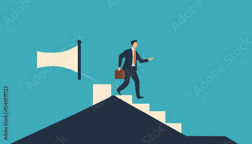Vision to see next goal, motivation to success, forecast and business prediction, challenge to be better and achieve success concept, confidence businessman step on rise up graph look for next goa