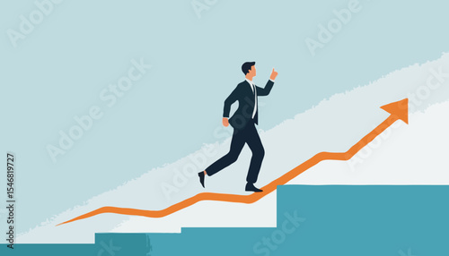 Vision to see next goal, motivation to success, forecast and business prediction, challenge to be better and achieve success concept, confidence businessman step on rise up graph look for next goa