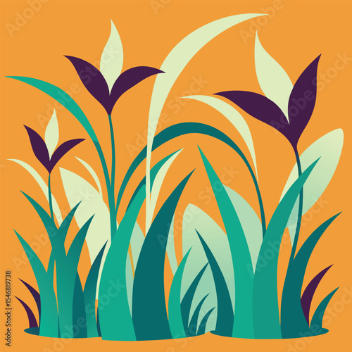 Botanical Scene on an Orange Canvas: Green Leaves and Purple Flowers in an Abstract Composition