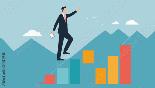 Vision to see next goal, motivation to success, forecast and business prediction, challenge to be better and achieve success concept, confidence businessman step on rise up graph look for next goa