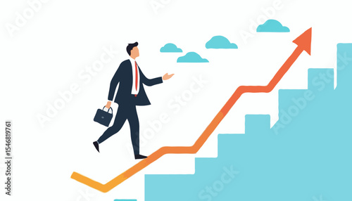Vision to see next goal, motivation to success, forecast and business prediction, challenge to be better and achieve success concept, confidence businessman step on rise up graph look for next goa