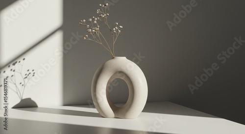 Minimalist Pottery Vase with Dried Flowers in Modern Interior Setting