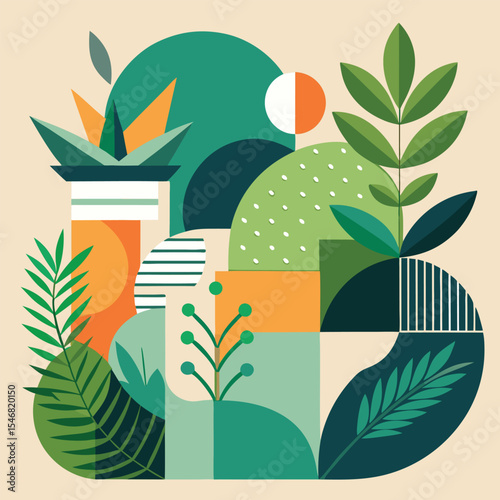 Abstract Botanical Composition: Modern Minimalist Illustration in Green and Orange
