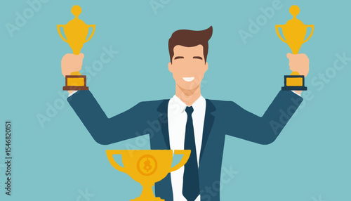 Habits or routine to success, checklist or factors to succeed and achieve goal, winner progress, planning, procedure or process concept, success businessman holding winner trophy with habit checklis