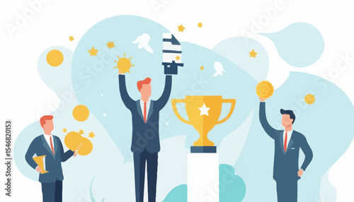 Habits or routine to success, checklist or factors to succeed and achieve goal, winner progress, planning, procedure or process concept, success businessman holding winner trophy with habit checklis