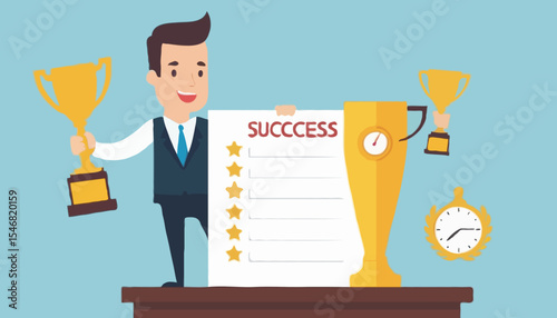 Habits or routine to success, checklist or factors to succeed and achieve goal, winner progress, planning, procedure or process concept, success businessman holding winner trophy with habit checklis
