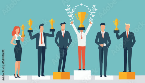 Habits or routine to success, checklist or factors to succeed and achieve goal, winner progress, planning, procedure or process concept, success businessman holding winner trophy with habit checklis