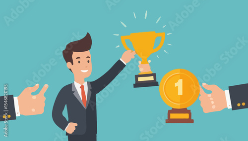 Habits or routine to success, checklist or factors to succeed and achieve goal, winner progress, planning, procedure or process concept, success businessman holding winner trophy with habit checklis