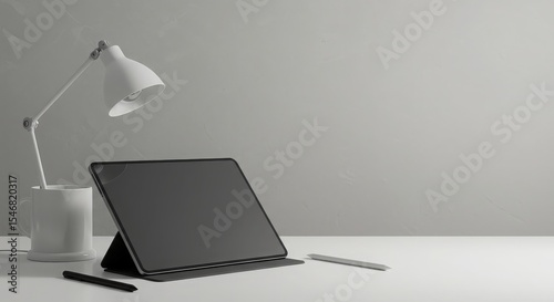 Modern Workspace with Tablet, Lamp, and Minimalistic Accessories