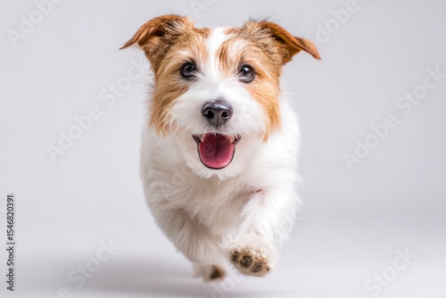 Energetic Dog Running Forward with Happy Expression, Jack Russell Terrier on White Background, Looking at Camera, Concept of Pet Care, Animal Photography, Canine Enthusiasts