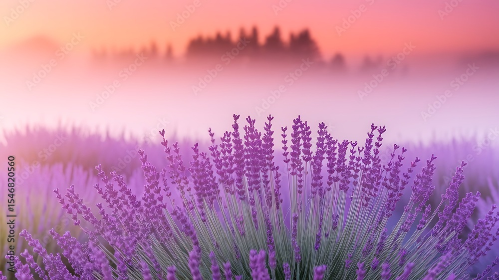Naklejka premium Early morning fog rolls across a blooming lavender field under a sky tinted with soft pink and orange hues. A scene of serene beauty and tranquility.