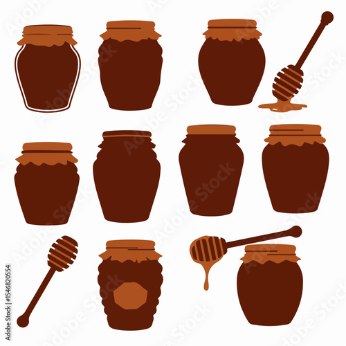 Jars of honey and honey dipper icons
