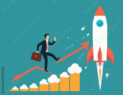 Business growth, investment profit increase, growing fast or improvement sales and revenue, progress or development concept, businessman riding rocket on growth bar graph or rising up revenue char