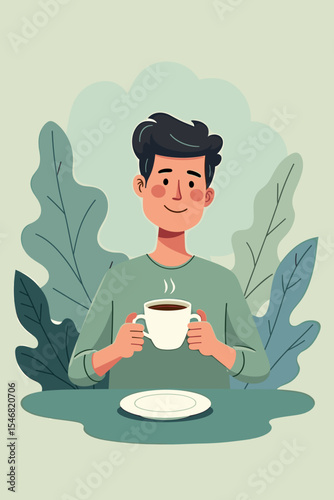 A young man drinks coffee with a smile