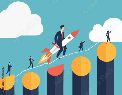 Business growth, investment profit increase, growing fast or improvement sales and revenue, progress or development concept, businessman riding rocket on growth bar graph or rising up revenue char