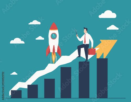 Business growth, investment profit increase, growing fast or improvement sales and revenue, progress or development concept, businessman riding rocket on growth bar graph or rising up revenue char