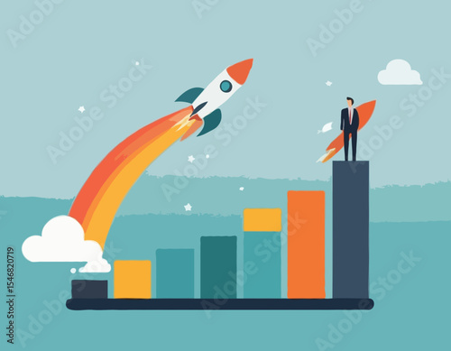 Business growth, investment profit increase, growing fast or improvement sales and revenue, progress or development concept, businessman riding rocket on growth bar graph or rising up revenue char